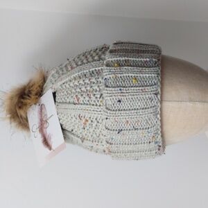 Jessica Simpson Pom Pom Beanie Hat Faux Fur Light Grey Multi Colored Specks NWT